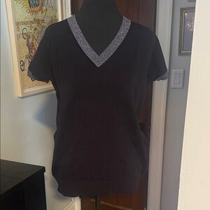 Chic Black V-Neck Sweater with Silver Trim